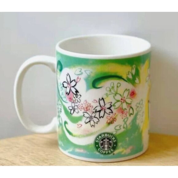 STARBUCKS 2004 SAKURA JAPAN GREEN FLORAL COFFEE MUG CUP 10 oz RARE DISPLAY ONLY